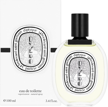 Woda toaletowa Diptyque Oyedo 100ml: owalna butelka z czarną nakrętką i białe pudełko, na ciemnym tle.
