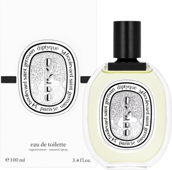Diptyque Oyedo Eau de Toilette, świeży zapach yuzu w przezroczystej butelce i białym pudełku, frontalny widok.