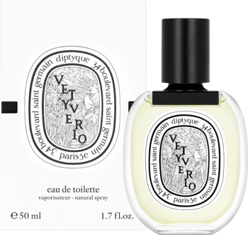 Diptyque Vetyverio Eau de Toilette 50ml: białe pudełko i owalna butelka z czarnym korkiem, widok z przodu.