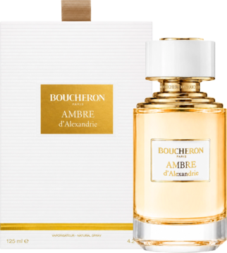 Boucheron Ambre d'Alexandrie, orientalna woda perfumowana. Złoty flakon i białe pudełko, widok z przodu.