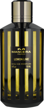 Mancera Lemon Line Eau de Parfum 120ml, czarno-złota butelka w paski, widok frontalny.