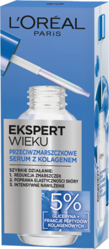 L'Oréal Ekspert Wieku serum przeciwzmarszczkowe w niebieskim pudełku, z butelką i pipetą, widok z przodu.