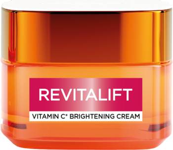 L'Oréal Revitalift Vitamin C Brightening Cream w pomarańczowym słoiku z czerwoną etykietą, widok z przodu.