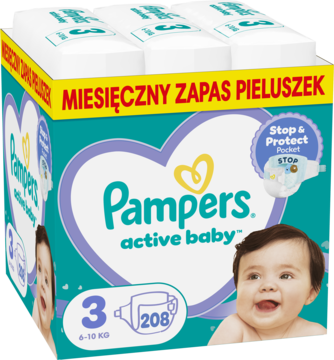 Miesięczny zapas pieluch Pampers Active Baby 3 (6-10 kg, 208 sztuk) w dużym zielonym opakowaniu.
