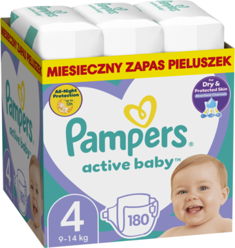Duże pudełko pieluch Pampers Active Baby 4, 180 szt. (9-14 kg), w odcieniach fioletu i bieli, widok z przodu.