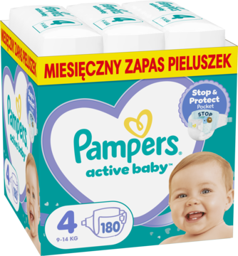 Duże opakowanie pieluch Pampers Active Baby 4 (9-14 kg), 180 szt., niebiesko-fioletowe, z uśmiechniętymi dziećmi. Widok z przodu.
