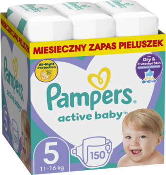 Pieluchy Pampers Active Baby 5, 11-16 kg, miesięczny zapas 150 sztuk, widok przodem pudełka.