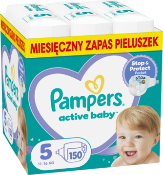 Pieluchy Pampers Active Baby 5 (11-16 kg), 150 sztuk, miesięczny zapas, widok z przodu i z góry.