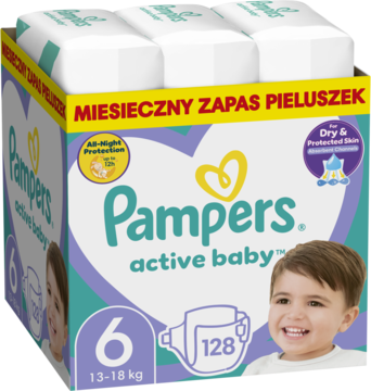 Pampers Active Baby 6 (13-18 kg), miesięczny zapas 128 sztuk. Duży karton, widok z przodu, liliowo-zielony.