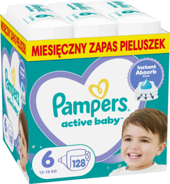 Pieluchy Pampers Active Baby rozmiar 6 (13-18kg), 128 sztuk, miesięczny zapas, zielone opakowanie, przód.