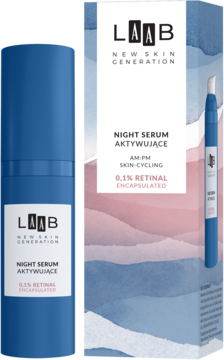 Granatowe serum AA LAAB 0,1% Retinal w butelce i pudełku z artystycznym gradientem kolorów.