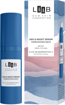 Niebieskie serum LAAB Day & Night Serum 0.1% OLIGOPEPTYD-1 w butelce i dopasowanym pudełku, widok przód.
