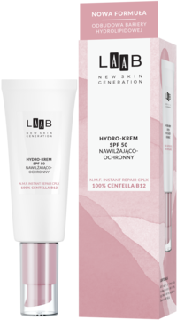 AA LAAB Hydro-Krem SPF 50 Centella B12 w białej tubce z różowym spodem, obok biało-różowe pudełko.