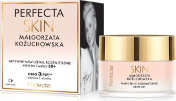 Perfecta SKIN Małgorzata Kożuchowska krem nawilżająco-rozświetlający 30+ w białym słoiku i pudełku.