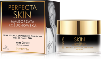 Perfecta Skin 60+ krem przeciwzmarszczkowy w czarno-złotym opakowaniu, widok pudełka i słoiczka.