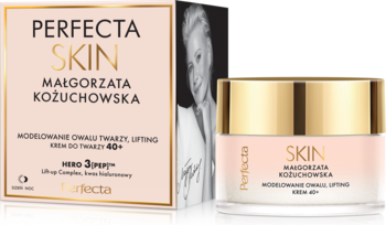 Liftingujący krem Perfecta Skin Małgorzata Kożuchowska 40+ w szklanym słoiczku i eleganckim pudełku, widok pod kątem.