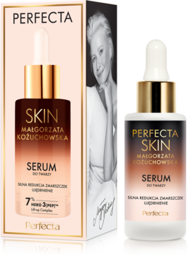 Perfecta Skin Małgorzata Kożuchowska Serum ujędrniające z 7% HERO 3 [PEP]™ w butelce i pudełku.