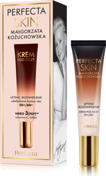 Perfecta Skin Małgorzata Kożuchowska KREM POD OCZY 50+/60+, pudełko i tubka z przodu na tle zdjęcia.