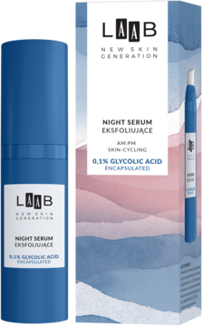 LAAB Night Serum Eksfoliujące 0,1% Glycolic Acid Encapsulated: niebieska butelka obok biało-niebieskiego pudełka.