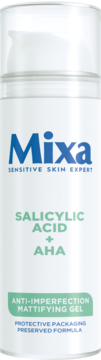Mixa Anti-Imperfection Mattifying Gel: biała butelka z pompką i zielonymi napisami SALICYLIC ACID + AHA, widok z przodu.