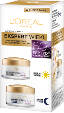 L’Oréal Ekspert Wieku 60+ zestaw: białe pudełko z odbudowującymi kremami z peptydami, na dzień i noc.