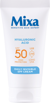 Mixa Daily Invisible SPF 50 krem na dzień z kwasem hialuronowym, biała tubka, widok z przodu.