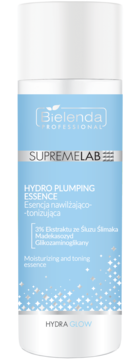 Bielenda Supremelab Hydro Plumping Essence, nawilżająca esencja ze śluzem ślimaka, biała butelka z niebieską etykietą, widok z przodu.