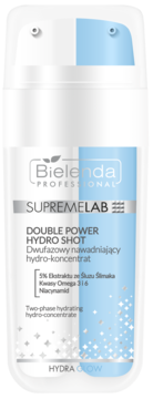 Bielenda Supremelab Double Power Hydro Shot, biało-niebieski dwufazowy hydro-koncentrat nawadniający, front.