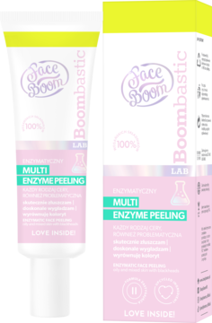 Face Boom Boombastic Multi Enzyme Peeling, w białej tubie i pudełku, z różowymi akcentami, widok z przodu.