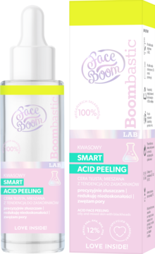 FaceBoom Boombastic Smart Acid Peeling, 12% formuła w przezroczystej butelce z dropperem i różowo-żółtym pudełku.