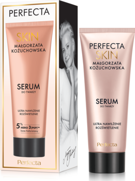 Perfecta Skin nawilżające serum do twarzy w różowej tubce, obok białe pudełko z wizerunkiem, widok z przodu.