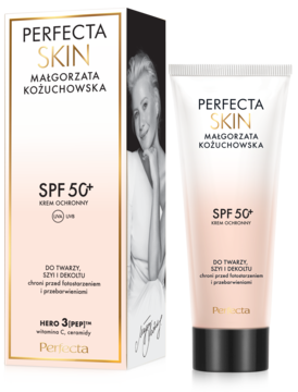 Perfecta Skin SPF 50+ krem ochronny do twarzy, szyi i dekoltu, w białej tubce obok pudełka, widok z przodu.
