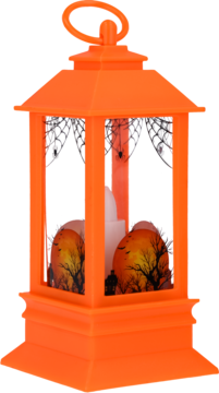 Halloweenowy lampion w pomarańczowej obudowie, z szybkami z motywami wiedźmy, nagrobków i księżyca. W środku świeca.