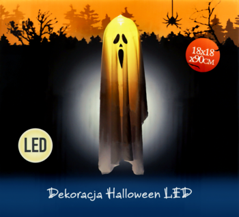 LED-owa dekoracja Halloween: wysoki, świetlisty duch z tkaniny, biało-żółty, na tle ciemnego lasu z pająkiem.