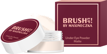 Puder pod oczy Brush! by Maxineczka: otwarty, biały słoiczek z bordową nakrętką, obok pasujące pudełko.