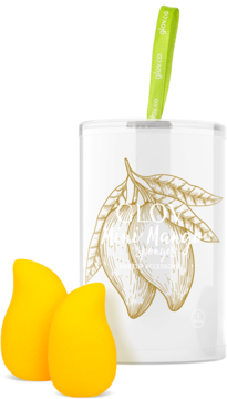 GLOV Mini Mango Sponges: Dwie jasnożółte gąbeczki do makijażu w kształcie mango, obok szarej tuby produktu.