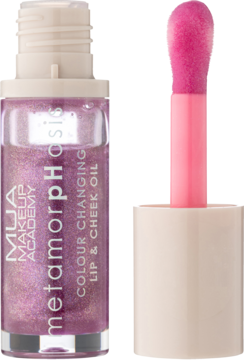 MUA MetamorpHosis fioletowy olejek do ust z wysuniętym aplikatorem, różowym pędzelkiem.