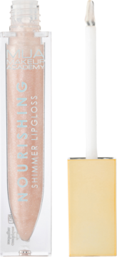 Nourishing Shimmer Lipgloss MUA, przezroczysta tubka z wysuniętym aplikatorem, perłowe drobinki.