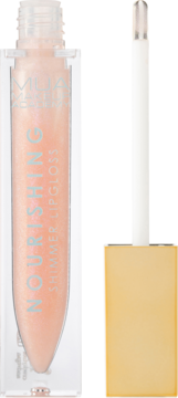 Błyszczyk MUA Nourishing Shimmer Lipgloss w przezroczystej tubce, perłowo-brzoskwiniowy, z wysuniętym aplikatorem.