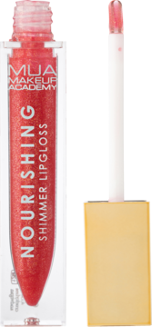 MUA Nourishing Shimmer Lipgloss Metaversal Coral, otwarta tuba i wyciągnięty aplikator na jasnym tle.