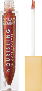 MUA Nourishing Shimmer Lipgloss w przezroczystej tubce, z aplikatorem obok, miedziany połysk.