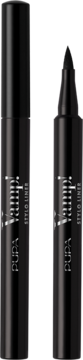 Dwa czarne eyelinery Pupa Vamp! Stylo Liner, jeden zamknięty, drugi z widoczną filcową końcówką.