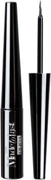 Intensywnie czarny eyeliner Pupa Made To Last. Zamknięta butelka i otwarta z pędzelkiem, na czarnym tle.