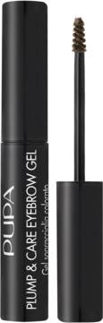 Pupa Plump&Care Eyebrow Gel w czarnej tubce z widoczną brązową szczoteczką, nakrętka zdjęta.