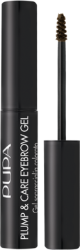 Pupa Plump&Care Eyebrow Gel 002 Brown. Czarna tuba z wyjętą brązową, spiralną szczoteczką do brwi.