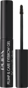 Pupa Plump&Care Eyebrow Gel 003 Dark Brown. Otwarty, czarny pojemnik i wyciągnięta spiralna szczoteczka.