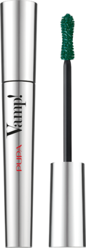 Pupa Mascara Vamp! Military Green, srebrna tuba z logo, obok wyjęta zielona szczoteczka w kształcie klepsydry.