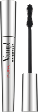 Srebrny wodoodporny tusz Pupa Mascara Vamp! Waterproof, obok czarnej, wyjętej szczoteczki w kształcie klepsydry.