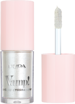 Pupa Vamp! Liquid 001 Snow Sparkling, perłowo-biały cień w płynie, butelka z otwartym aplikatorem obok.