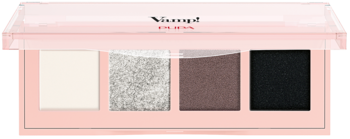 Pupa Vamp! 005 Intense Smoky paleta cieni, różowe opakowanie. 4 odcienie: kremowy mat, srebrny metalik, brązowy, czarny.